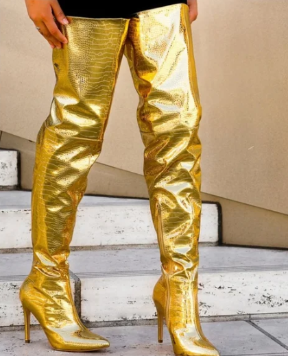 GOLD CROCO THIGH BOOTS