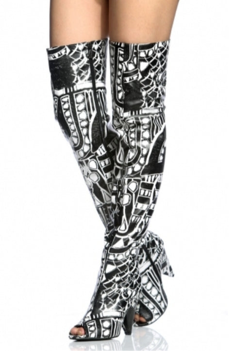 TRIBAL - BLACK AND WHITE TALL BOOTS