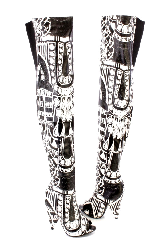 TRIBAL - BLACK AND WHITE TALL BOOTS